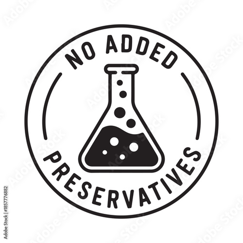 A circular black and white emblem featuring a flask with bubbles and text indicating no added preservatives