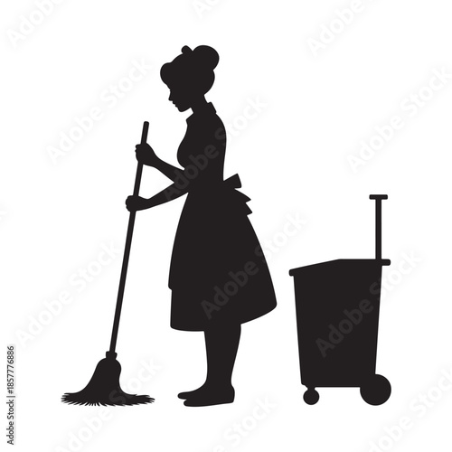 A vintage silhouette depicts a housekeeper with a broom and cleaning supplies nearby