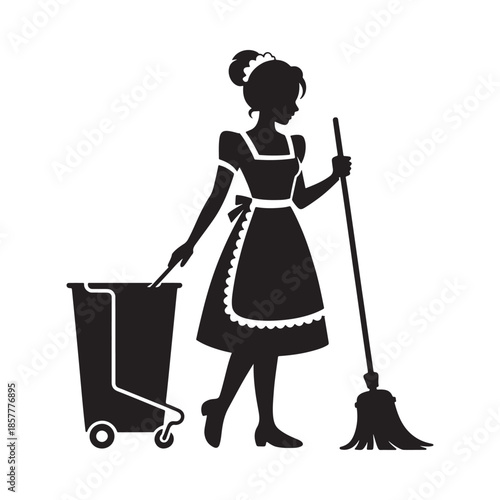 A silhouette of a maid with a cleaning cart and broom representing domestic service work
