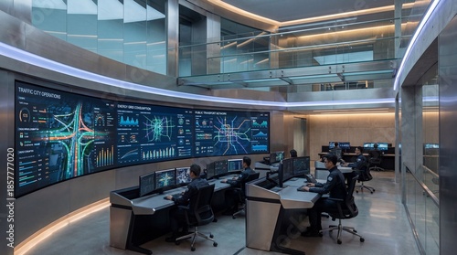 Foto Modern control room with multiple large screens displaying data and a team of operators working at their desks