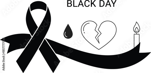 Black day symbols featuring a mourning ribbon teardrop broken heart and memorial candle represent solemn remembrance and deep sorrow for loss