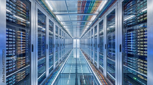 Tablou pe pânză Modern Data Center Server Room with Rows of Racks and Cables.