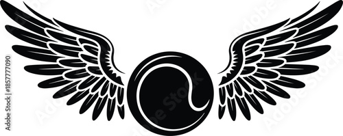 Black winged emblem vector, circular graphic with spread wings for heraldry or sport logo design