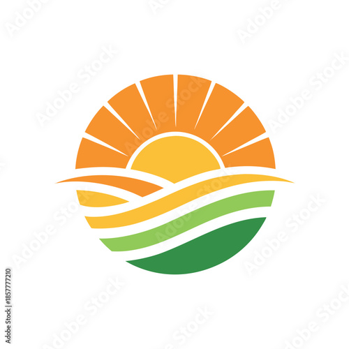 Minimal flat logo of a sunrise over rolling fields and water, warm orange sun rays,