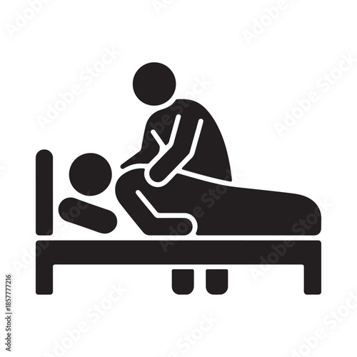 A simple black silhouette depicts a person tending to someone lying in a bed