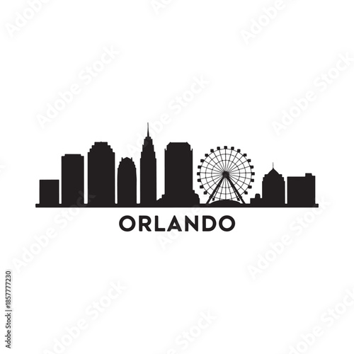 A striking black silhouette of the orlando skyline featuring a ferris wheel and buildings