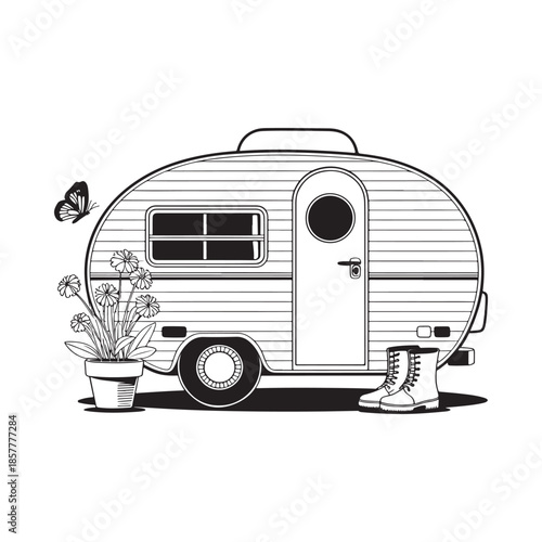 Charming vintage camper drawing with flowers butterfly and boots creates a whimsical outdoor scene
