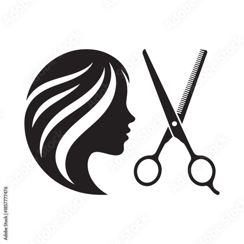 Stylized silhouette of a woman s head with flowing hair and barber tools nearby