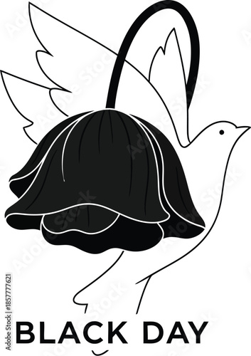 Minimalist black and white graphic design featuring a soaring dove carrying a drooping black flower symbolizing black day remembrance and solemnity