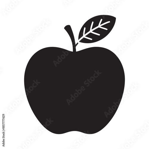 A simple black and white illustration depicts a rounded apple with a single leaf attached
