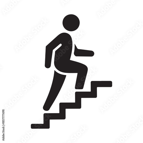A simple black silhouette of a person ascending a flight of stairs symbolizing progression