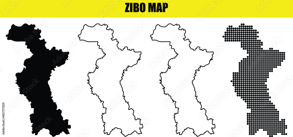 Obraz premium Zibo city map collection four different styles in black and white outline and halftone dot style