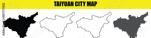 Taiyuan city map collection four different styles in black and white outline and halftone dot style