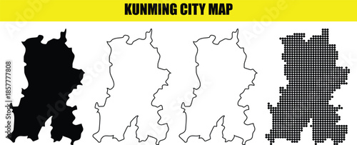 Kunming city map collection four different styles in black and white outline and halftone dot style