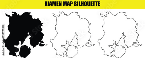 Xiamen map silhouette vector kit showing accurate coastal island borders for fujian province tourism and travel design