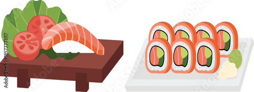 Japanese sushi and sashimi set vector, salmon nigiri on wooden board and maki rolls with wasabi and ginger illustration