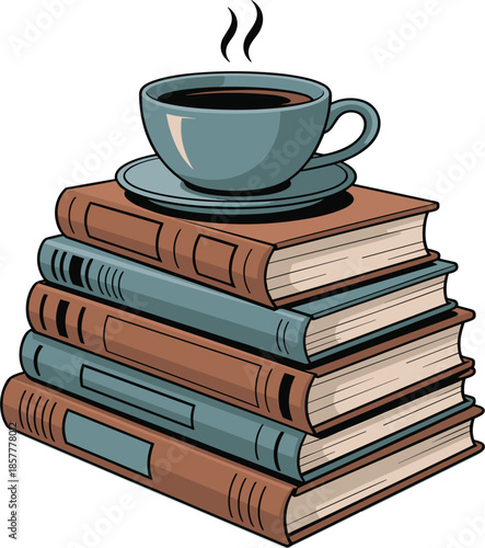 Stack of books with steaming coffee cup vector, cozy academic or library themed illustration in retro colors