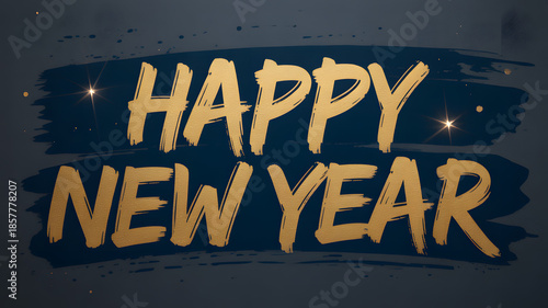 Happy New Year golden text on dark blue background with brush stroke effect and sparkling lights for celebration and party invitation