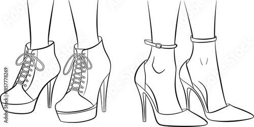 Women's high heel shoes vector set, technical fashion sketch of lace-up platform booties and pointed toe ankle strap pumps