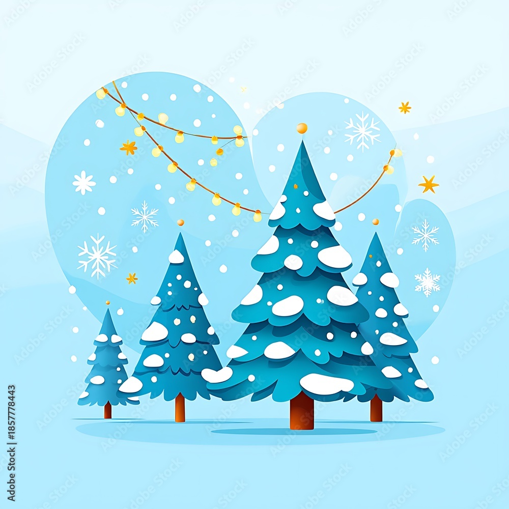 Obraz premium Charming minimalist winter wonderland background with snow, trees, and glowing festive lights.