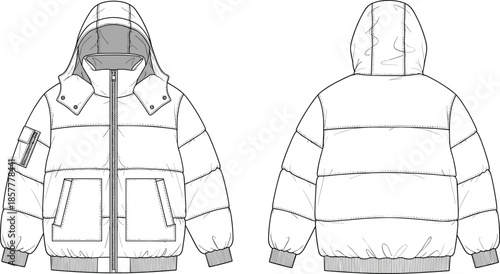 Hooded puffer jacket front and back view technical fashion illustration, flat outline vector of winter outerwear clothing template