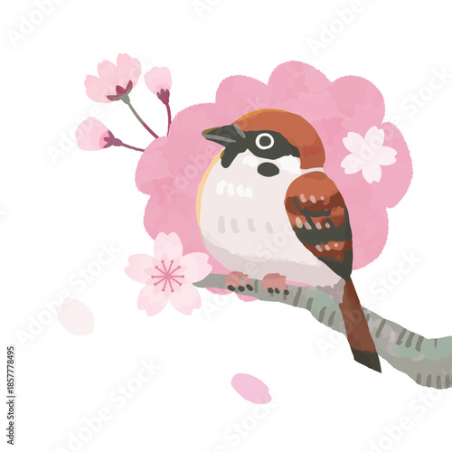 手描きのかわいい桜と雀のイラスト1