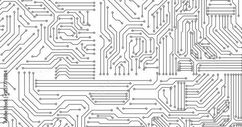 Abstract circuit board technology connected black lines with electronics elements computer motherboard chip processor semiconductor digital background.