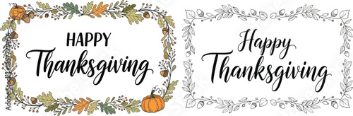 Elegant hand-drawn 'Happy Thanksgiving' lettering nestled within a vibrant autumn foliage wreath, perfect for seasonal greetings, fall event invitations, and festive holiday decor