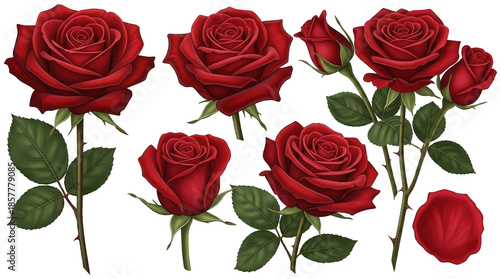 Vibrant, realistically rendered red roses with lush green foliage and detailed petal textures gracefully stand upright, exhibiting a slightly glossy sheen under, isolated on transparent background.