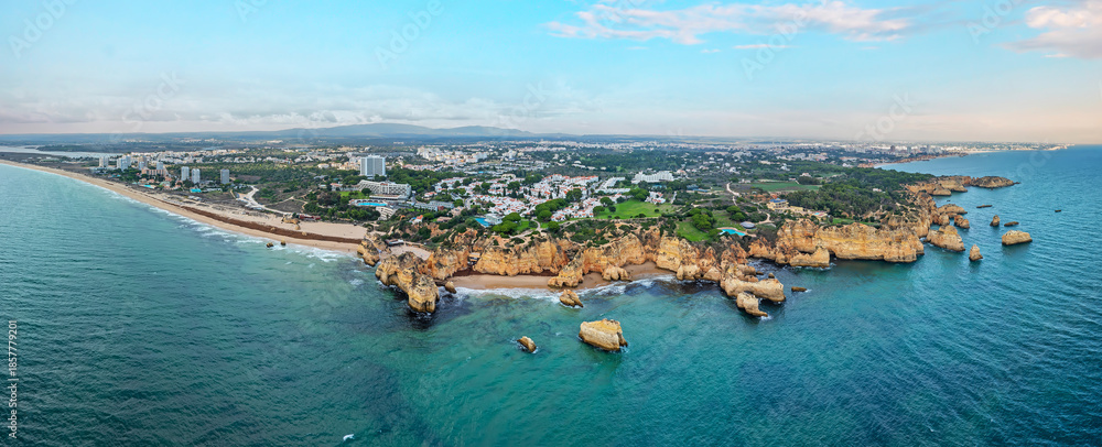 Fototapeta premium Aerial panorama from famous Praia Tres Irmaos in Alvor Portugal