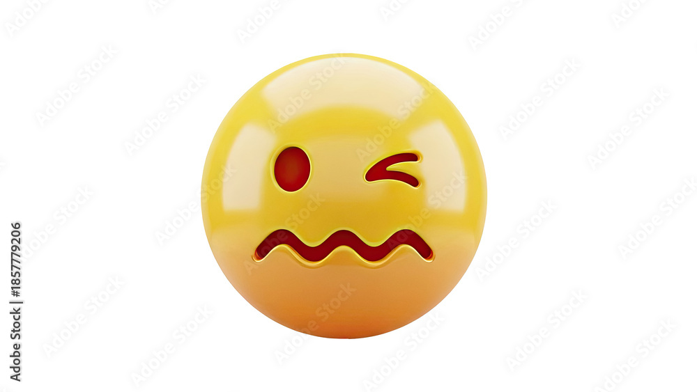Fototapeta premium 3D Worried yellow emoji face with winking eye on transparent background