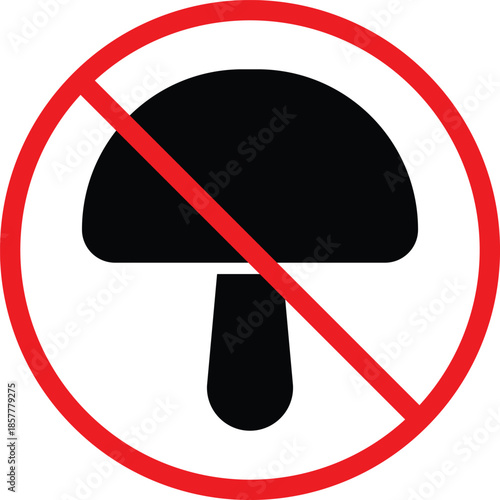 no Mushroom icon. Fungi prohibition symbols. No toadstool graphic design. Foraging restriction and forest safety signs
