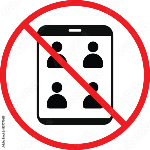 No Online Meeting Icon Set. Virtual conference prohibition symbols. No remote meeting graphic design. Digital call restriction and privacy signs
