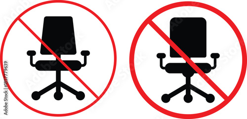 no office chair icon. Swivel chair prohibition symbols. No desk chair graphic design. Seating restriction and office safety signs
