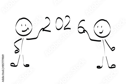 2026. doodle. Simple hand-drawn stick figures presenting the year 2026 on a board, symbolizing future planning, goals, and business forecasting.