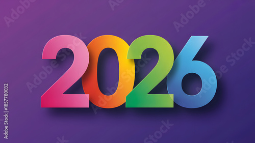 Rainbow 2026 text with gradient colors in modern 3D style on purple background for new year celebration design