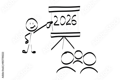2026. doodle. Simple hand-drawn stick figures presenting the year 2026 on a board, symbolizing future planning, goals, and business forecasting.