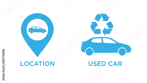 Used Car Location with Recycling Symbol in Simple Flat Design for Automotive Industry
