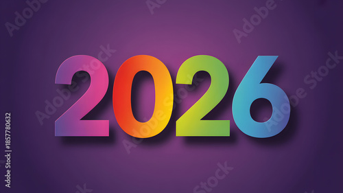 Rainbow 2026 numbers in bold 3D font with gradient color effect on dark purple background for new year celebration
