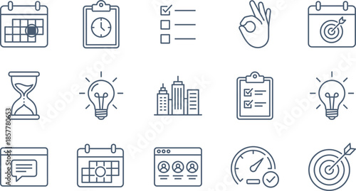 Business management and productivity line icon set, featuring project planning calendars, goal targets, time tracking, creative ideas, and task checklists.