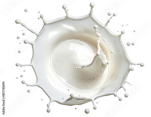 Overhead shot of a white liquid splash, appearing creamy with droplets against a black background