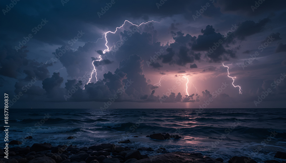 Fototapeta premium Dramatic lightning storm over ocean with dark clouds and rocky shoreline