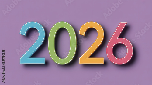 Colorful 2026 numbers in modern typography with pastel colors and soft lighting on purple background for new year celebration design