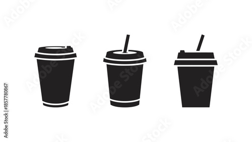 Set of black and white disposable coffee cups with lids and straws, ideal for various beverage designs.