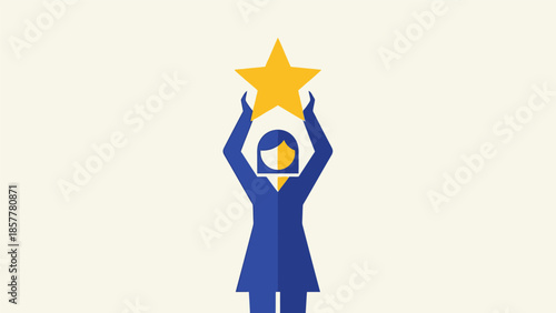 Woman holding a golden star, symbolizing achievement, success, and recognition in business or personal life.