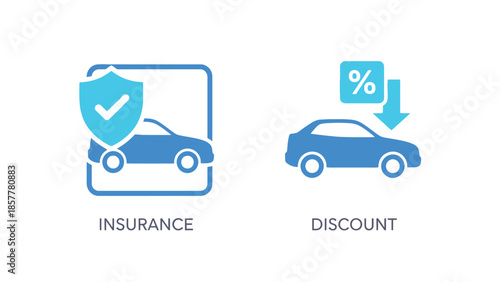 Car Insurance and Discount Icons in Simple Flat Design with Blue Color Scheme for Web Graphics