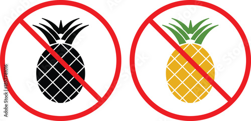 no pineapple icon. Tropical fruit prohibition symbols. No pineapple graphic design. Allergy restriction and food safety signs

