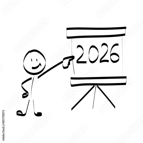 2026. doodle. Simple hand-drawn stick figures presenting the year 2026 on a board, symbolizing future planning, goals, and business forecasting.