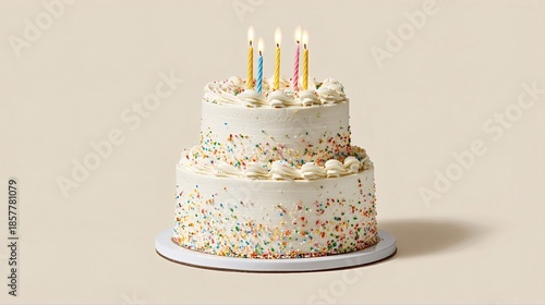 Two tier white buttercream birthday cake with colorful sprinkles and five lit candles on a beige studio background, festive dessert for parties, anniversaries, and celebrations