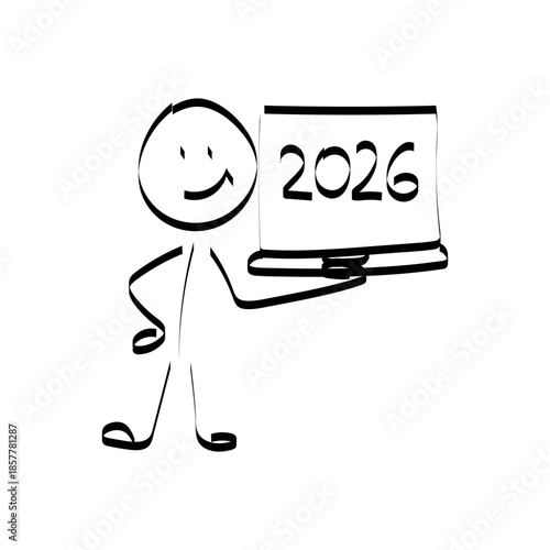 2026. doodle. Simple hand-drawn stick figures presenting the year 2026 on a board, symbolizing future planning, goals, and business forecasting.
